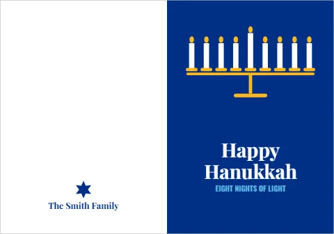 Greeting card template, happy Hanukkah, menorah, reading "Happy", "Hanukkah" and "The Smith Family", in blue and white