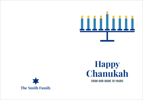 Greeting card template, happy Chanukah, menorah on white, reading "Happy", "Chanukah" and "The Smith Family", in white
