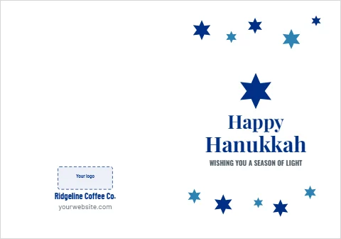 Greeting card template, hanukkah stars, reading "Happy", "Hanukkah" and "Ridgeline Coffee Co.", in white, with a space for your logo