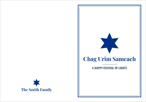 Greeting card template, chag Urim Sameach, festival of lights, reading "Chag Urim Sameach", "A HAPPY FESTIVAL OF LIGHTS" and "The Smith Family", in white