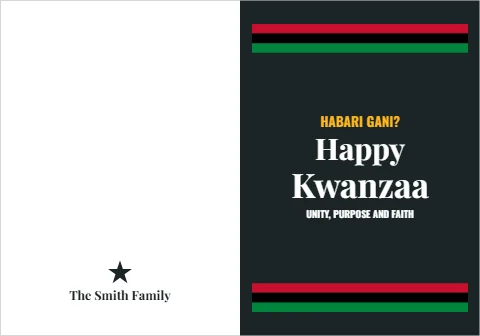 Greeting card template, habari gani, red, black and green, reading "HABARI GANI?", "Happy" and "Kwanzaa", in charcoal and white