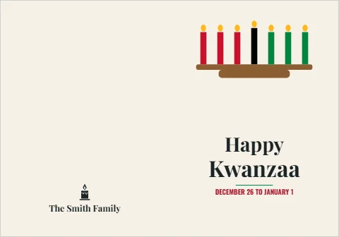 Greeting card template, happy Kwanzaa, kinara, reading "Happy", "Kwanzaa" and "The Smith Family", in cream