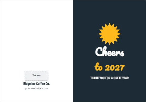 Greeting card template, cheers to 2027, reading "Cheers", "to 2027" and "Ridgeline Coffee Co.", in navy and white, with a space for your logo