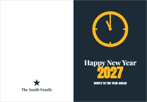 Greeting card template, midnight clock, Happy New Year, reading "Happy New Year", "2027" and "The Smith Family", in navy and white