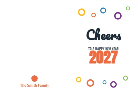 Greeting card template, cheers, confetti, reading "Cheers", "2027" and "The Smith Family", in white