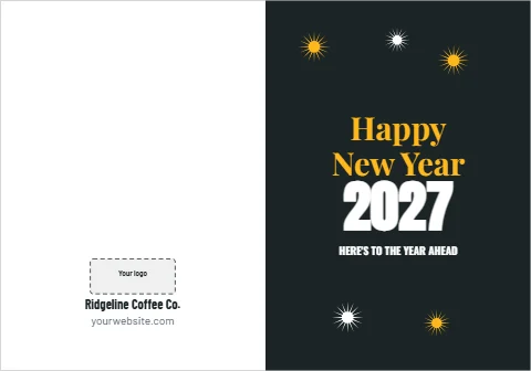 Greeting card template, happy New Year, fireworks, reading "Happy", "New Year" and "2027", in charcoal and white, with a space for your logo