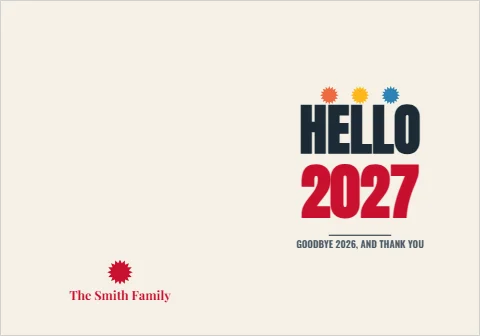 Greeting card template, hello 2027, reading "HELLO", "2027" and "The Smith Family", in cream