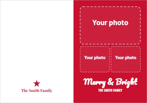 Greeting card template, three photo collage, merry and bright, reading "Merry & Bright", "The Smith Family" and "THE SMITH FAMILY", in red and white, with a space for your logo