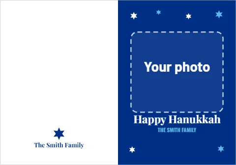 Greeting card template, hanukkah photo, blue stars, reading "Happy Hanukkah", "THE SMITH FAMILY" and "The Smith Family", in blue and white, with a space for your logo