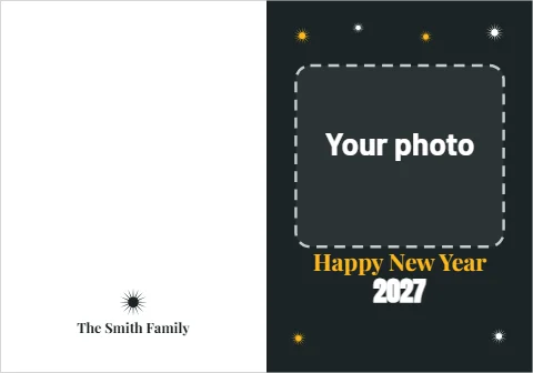 Greeting card template, new Year photo, gold fireworks, reading "Happy New Year", "2027" and "The Smith Family", in charcoal and white, with a space for your logo