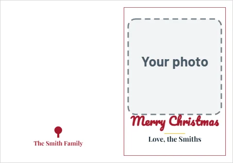 Greeting card template, christmas photo, script and rule, reading "Merry Christmas", "Love, the Smiths" and "The Smith Family", in white, with a space for your logo
