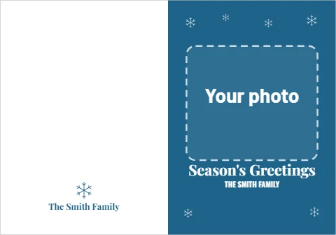 Greeting card template, season's greetings photo, snowflakes, reading "Season's Greetings", "THE SMITH FAMILY" and "The Smith Family", in steel blue and white, with a space for your logo