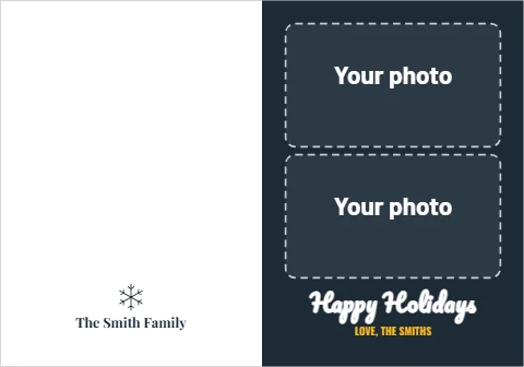 Greeting card template, two photos, our year, reading "Happy Holidays", "The Smith Family" and "LOVE, THE SMITHS", in navy and white, with a space for your logo