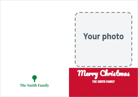 Greeting card template, christmas photo, red band, reading "Merry Christmas", "THE SMITH FAMILY" and "The Smith Family", in red and white, with a space for your logo