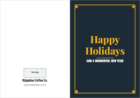Greeting card template, happy holidays, navy and gold, reading "Happy", "Holidays" and "Ridgeline Coffee Co.", in navy and white, with a space for your logo
