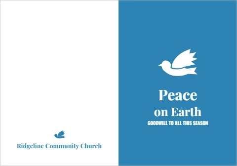 Greeting card template, peace on earth, dove, reading "Peace", "on Earth" and "Ridgeline Community Church", in blue and white