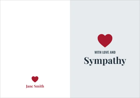 Greeting card template, with love and sympathy, heart, reading "WITH LOVE AND", "Sympathy" and "Jane Smith", in light gray and white