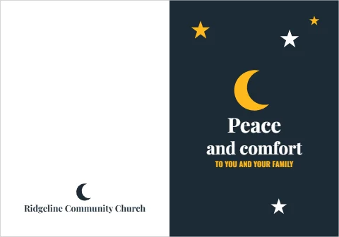 Greeting card template, peace and comfort, moon and stars, reading "Peace", "and comfort" and "Ridgeline Community Church", in navy and white