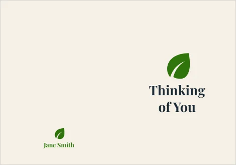 Greeting card template, thinking of you, leaf, reading "Thinking", "of You" and "Jane Smith", in cream