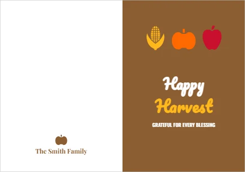 Greeting card template, harvest, pumpkin, corn and apple, reading "Happy", "Harvest" and "The Smith Family", in brown and white