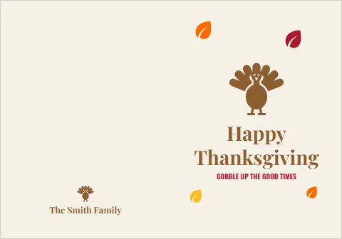 Greeting card template, happy Thanksgiving, turkey, reading "Happy", "Thanksgiving" and "The Smith Family", in cream