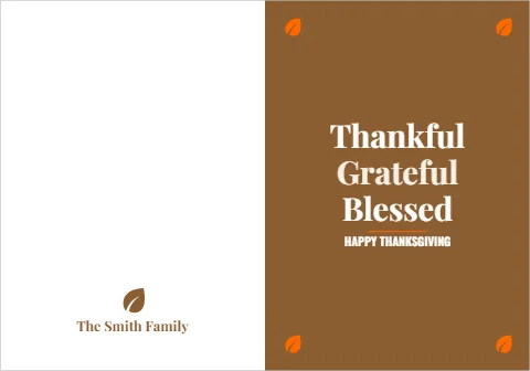 Greeting card template, thankful, grateful, blessed, reading "Thankful", "Grateful" and "Blessed", in brown and white