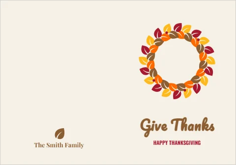 Greeting card template, give thanks, autumn wreath, reading "Give Thanks", "HAPPY THANKSGIVING" and "The Smith Family", in cream