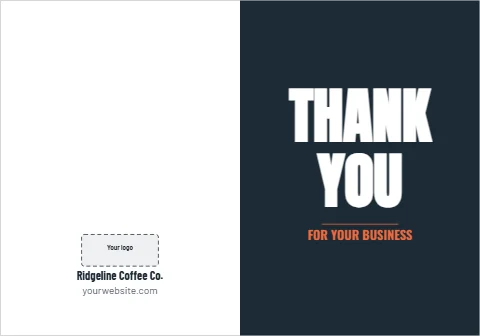 Greeting card template, THANK YOU, bold, reading "THANK", "YOU" and "FOR YOUR BUSINESS", in navy and white, with a space for your logo