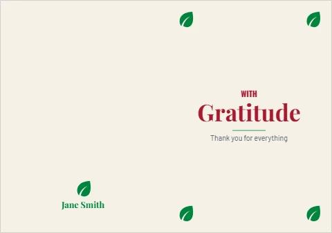 Greeting card template, with gratitude, leaves, reading "WITH", "Gratitude" and "Jane Smith", in cream