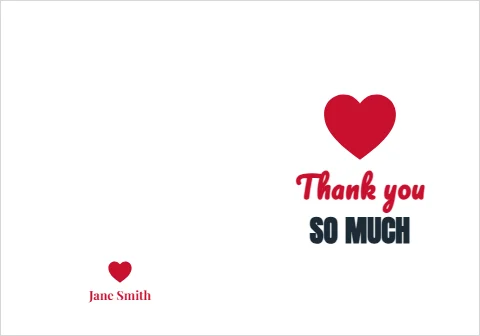 Greeting card template, thank you so much, heart, reading "Thank you", "SO MUCH" and "Jane Smith", in white