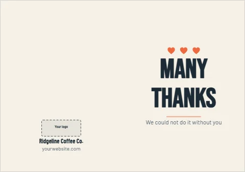 Greeting card template, many thanks, reading "MANY", "THANKS" and "Ridgeline Coffee Co.", in cream, with a space for your logo