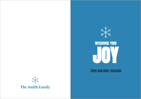 Greeting card template, wishing you joy, bold, reading "WISHING YOU", "JOY" and "The Smith Family", in blue and white