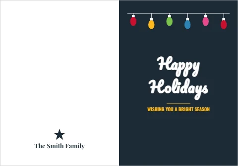 Greeting card template, string of lights, happy holidays, reading "Happy", "Holidays" and "The Smith Family", in navy and white