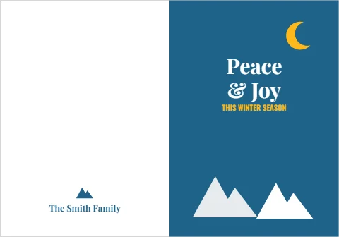Greeting card template, winter mountains, peace and joy, reading "Peace", "& Joy" and "The Smith Family", in steel blue and white
