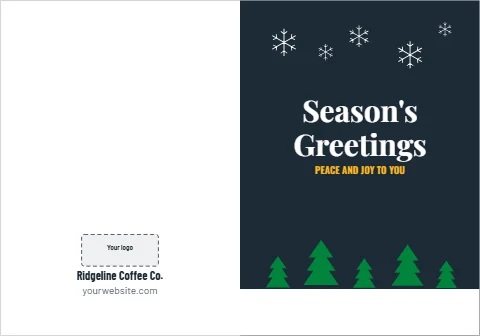 Greeting card template, snowy pines, season's greetings, reading "Season's", "Greetings" and "Ridgeline Coffee Co.", in navy and white, with a space for your logo
