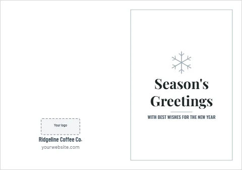 Greeting card template, season's greetings, silver and white, reading "Season's", "Greetings" and "Ridgeline Coffee Co.", in white, with a space for your logo