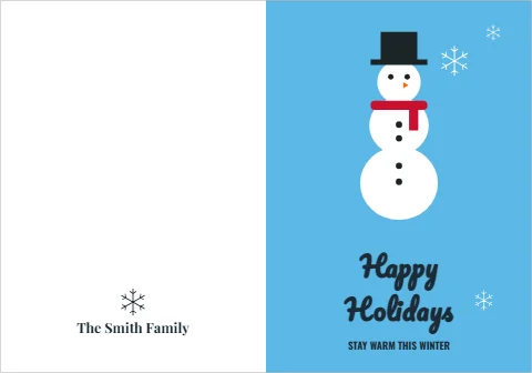 Greeting card template, snowman, happy holidays, reading "Happy", "Holidays" and "The Smith Family", in sky blue and white