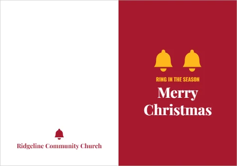 Greeting card template, christmas bells, reading "Merry", "Christmas" and "Ridgeline Community Church", in maroon and white