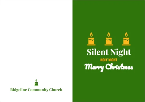 Greeting card template, silent night, candles, reading "Silent Night", "Merry Christmas" and "Ridgeline Community Church", in green and white