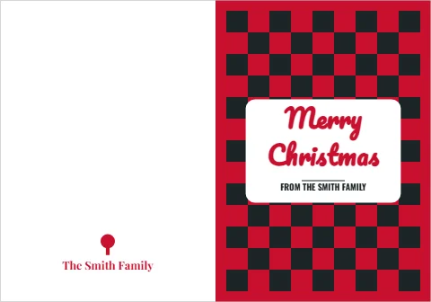 Greeting card template, buffalo check, Merry Christmas, reading "Merry", "Christmas" and "The Smith Family", in red and white