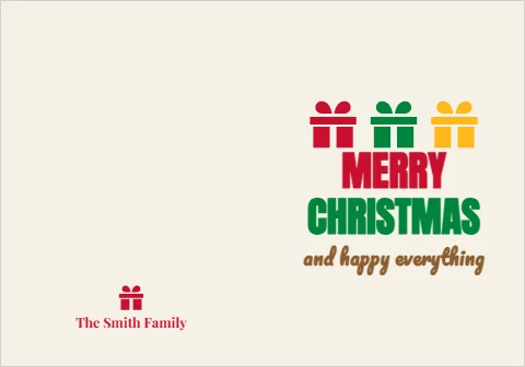 Greeting card template, christmas gifts, stacked, reading "MERRY", "CHRISTMAS" and "and happy everything", in cream