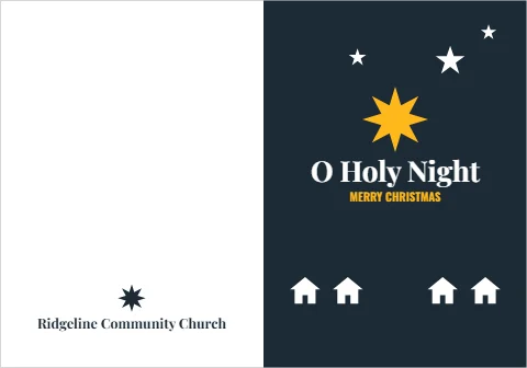 Greeting card template, o holy night, star over the town, reading "O Holy Night", "MERRY CHRISTMAS" and "Ridgeline Community Church", in navy and white