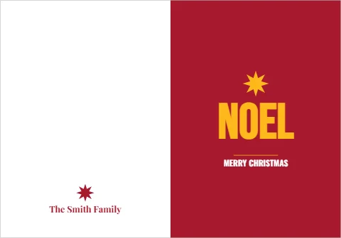 Greeting card template, noel, gold on red, reading "NOEL", "MERRY CHRISTMAS" and "The Smith Family", in maroon and white