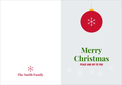 Greeting card template, one red ornament, reading "Merry", "Christmas" and "The Smith Family", in light gray and white