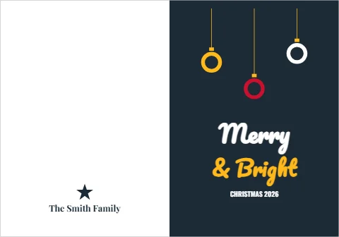 Greeting card template, merry and bright ornaments, reading "Merry", "& Bright" and "The Smith Family", in navy and white