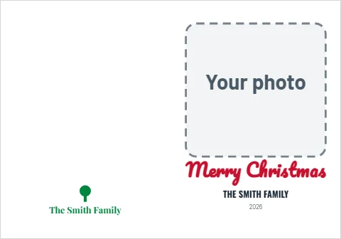 Greeting card template, christmas photo card, reading "Merry Christmas", "THE SMITH FAMILY" and "The Smith Family", in white, with a space for your logo