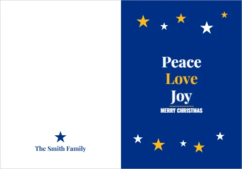 Greeting card template, peace, love and joy, reading "Peace", "Love" and "Joy", in blue and white