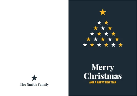 Greeting card template, tree of stars, reading "Merry", "Christmas" and "The Smith Family", in navy and white