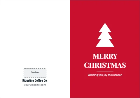 Greeting card template, christmas tree on red, reading "MERRY", "CHRISTMAS" and "Ridgeline Coffee Co.", in red and white, with a space for your logo