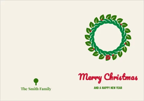 Greeting card template, merry Christmas, wreath, reading "Merry Christmas", "AND A HAPPY NEW YEAR" and "The Smith Family", in cream